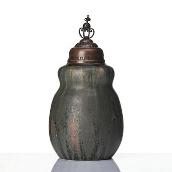 Patrick Nordström, a stoneware urn with a patinated metal cover, Royal Copenhagen, Denmark 1914.