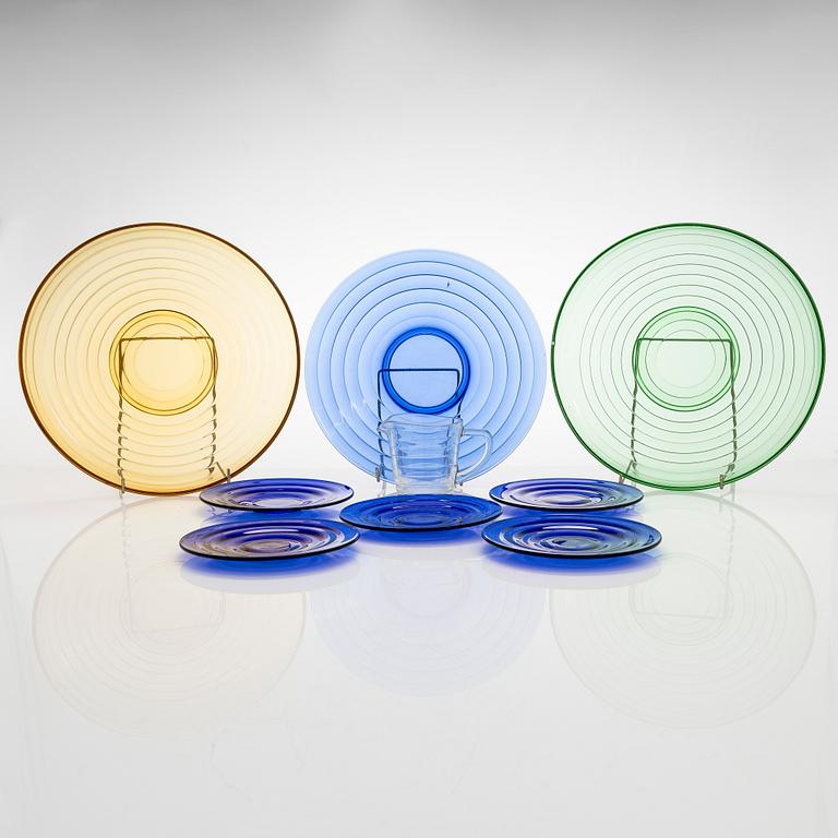 Jacob Eiler Bang, nine "Broksø" glass objects, first half of the 20th century. Holmegaard Denmark.