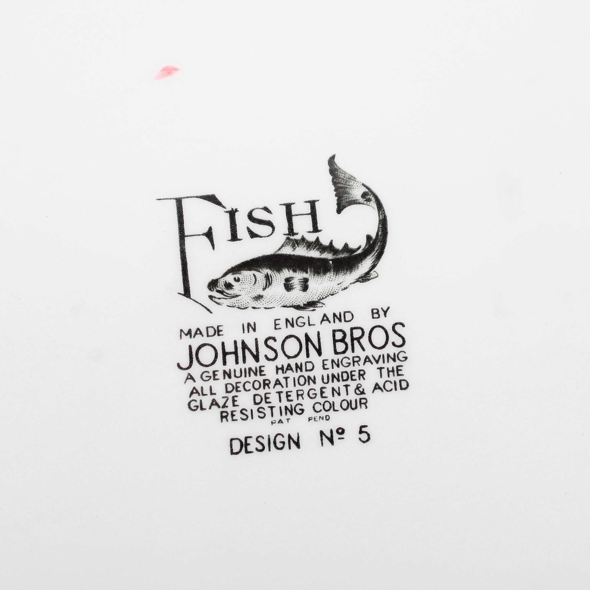 SERVISDELAR, 9 st, flintgods, "Fish", Johnson Bros, England.