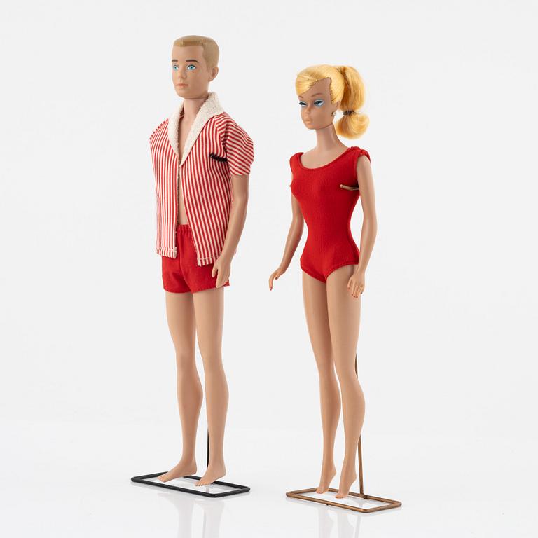Barbie and Ken, dolls 2 pcs. as well as clothes, vintage, "Swirl Ponytail Blond" Mattel 1964, Ken Mattel 1963/64.