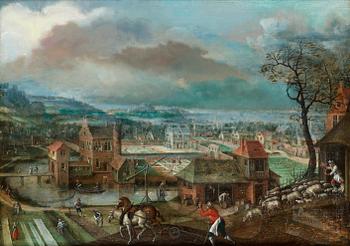 Jacob Grimmer Hans efterföljd, Landskap med figurer och byggnader.