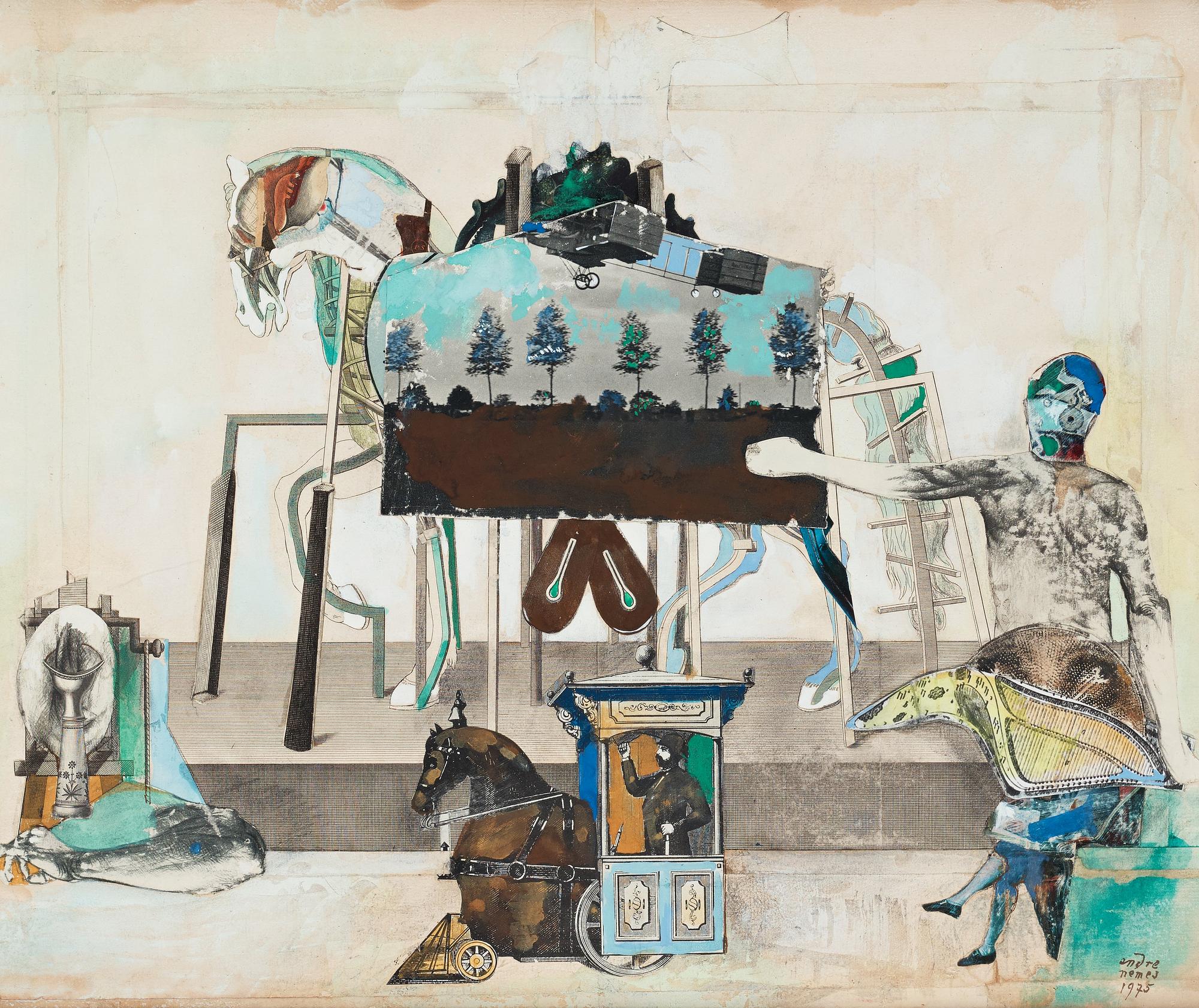 ENDRE NEMES, collage och blandteknik, signerad och daterad 1975.