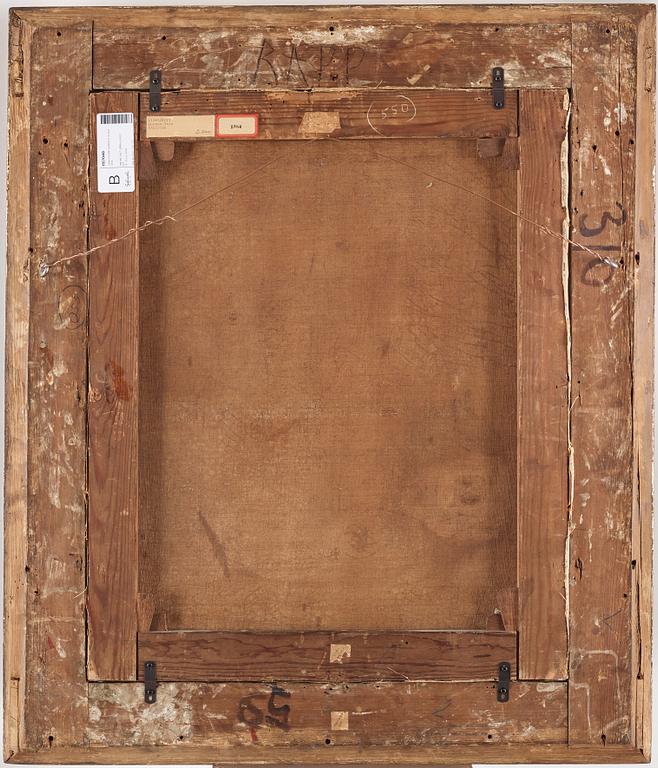 Johan Gustaf Sandberg, Gustav Vasa stående i en slottsinteriör intill ett draperat bord vilandes ena handen på Vasabibeln.