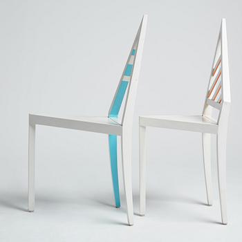 A set of two postmodern chairs, signed Lebe & Rast, 'Trigonus X & Y Nr 1'.