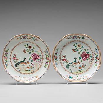 808. Two famille rose 'double peacock' dishes, Qing dynasty, Qianlong (1736-95).