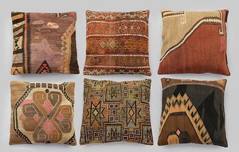 Six cushion covers, Anatolian Kilim, each c. 60 x 60 cm.