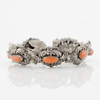 Silver bracelet with coral, Hungary.