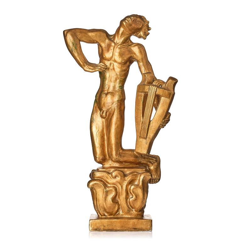John Lundqvist, a gilded plaster sculpture of a lyre player, dated 1928.