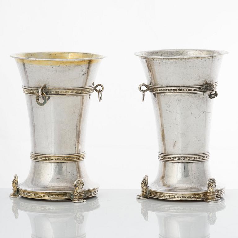 A pair of Swedish mid 18th century parcel-gilt silver beakers, mark of Laurens Stabeus, Stockholm 1751.