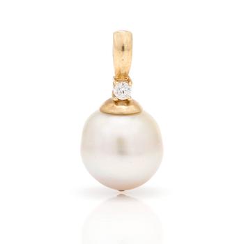 A pendant with a cultured pearl and a white stone.