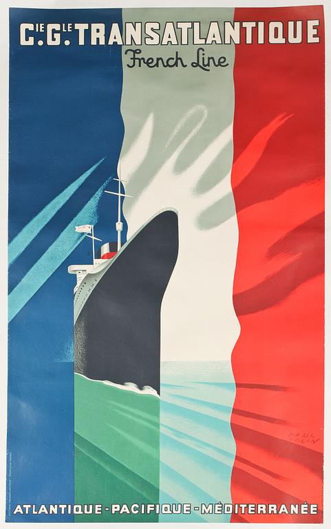 REKLAMAFFISCH, färglitografiskt tryck, Paul Colin, Transatlantique French Line, omkring 1900-talets mitt.