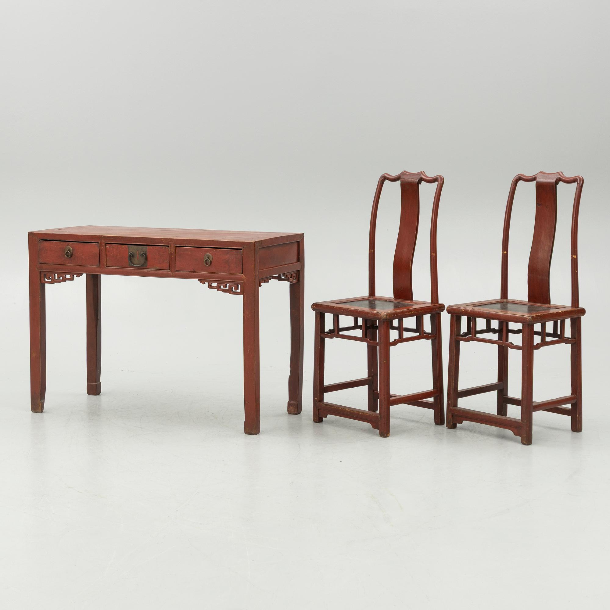 A Chinese desks and two 'Yoke-back' chairs, 20th Century.