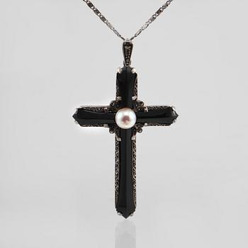 HÄNGE, silver med odlad pärla, markasiter samt onyx, importstämplat. Vikt 7,0 gram.