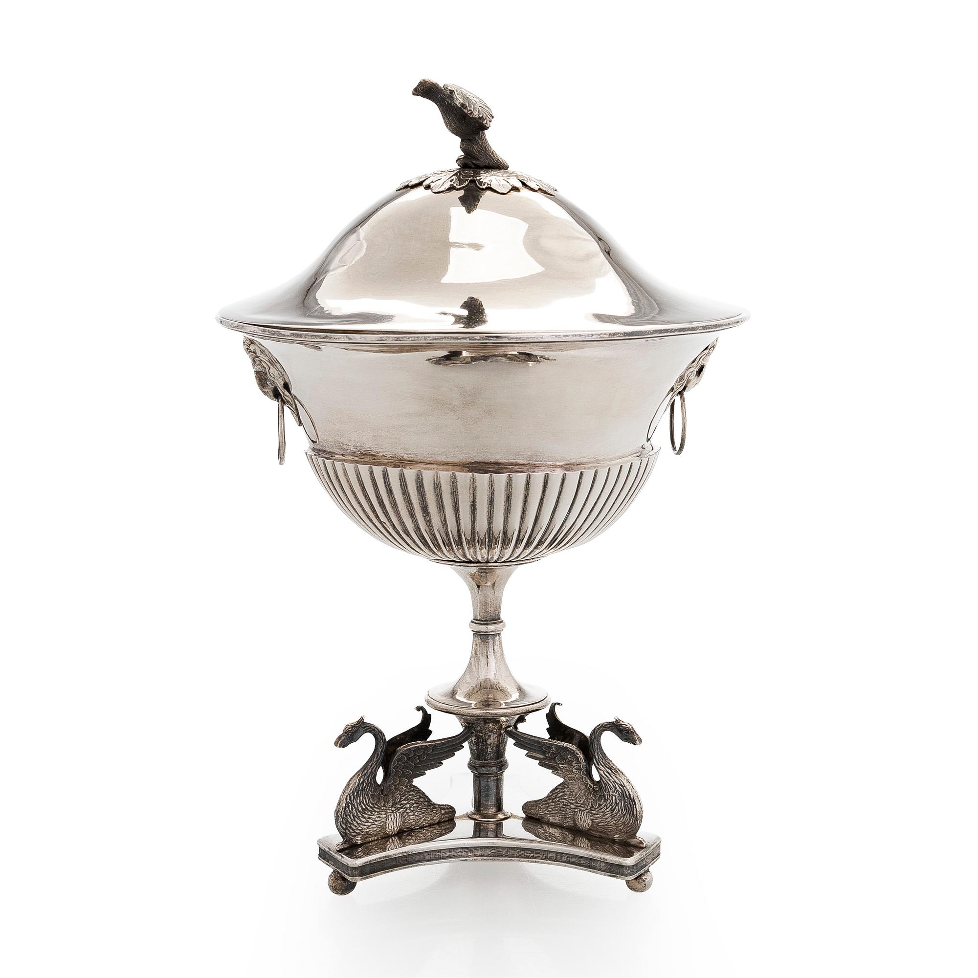 An Empire Style silver sugar bowl with lid, maker's mark of Carl Gustaf Herpel, Stockholm 1818.
