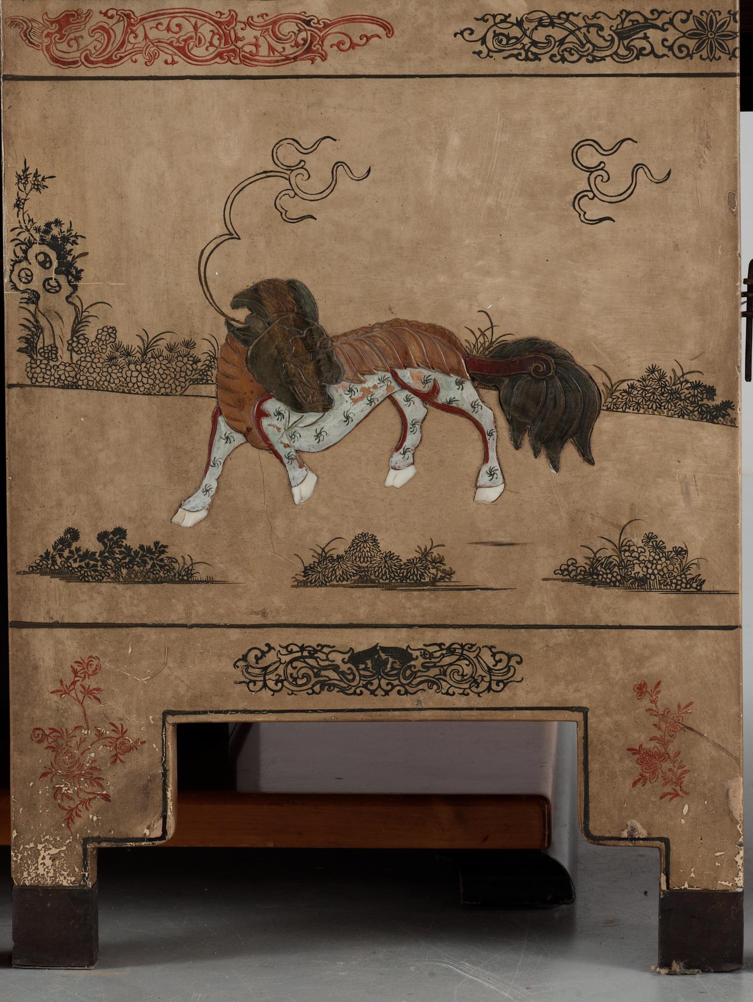 A painted and inlayed four-foulded screen, Qing dynasty (1644-1911).