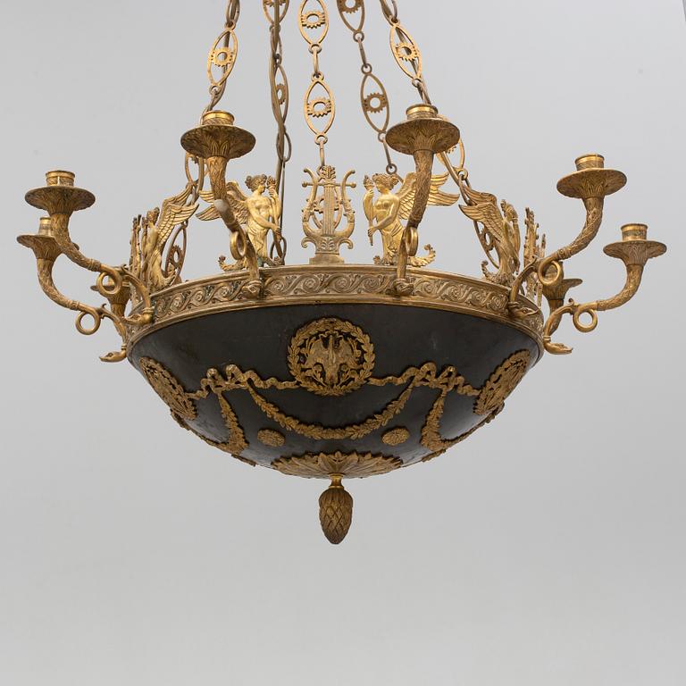 An Empire-style ten-light hanging lamp, late 19th century.