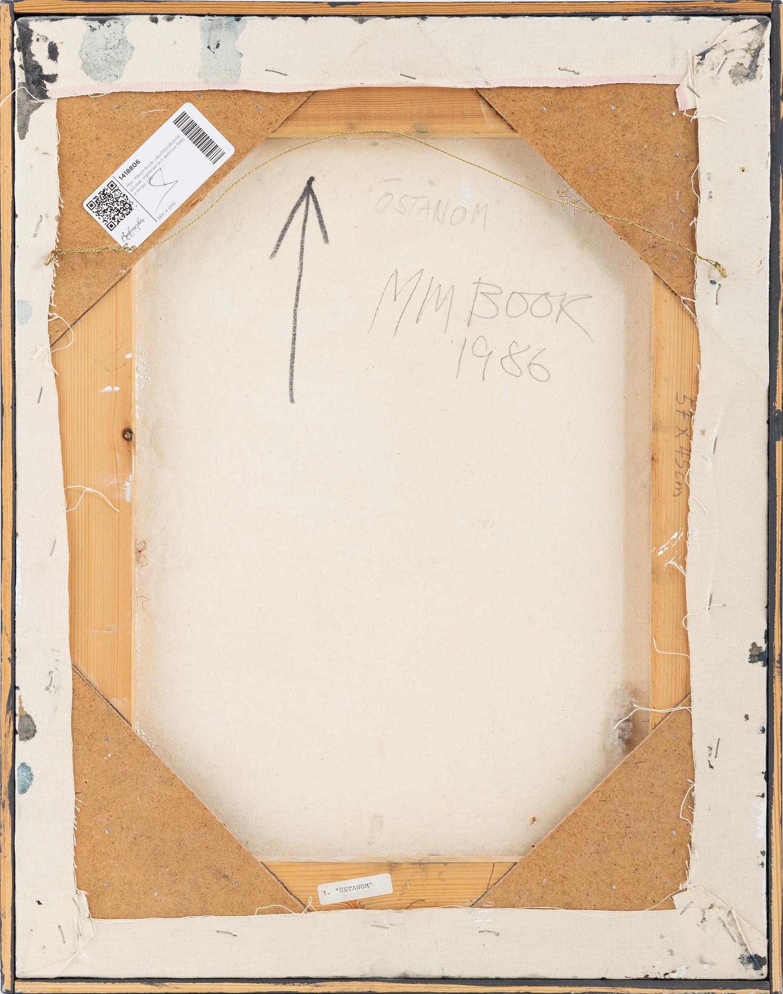 Max Mikael Book, oil/mixed media on canvas, signed and dated 1986 verso.