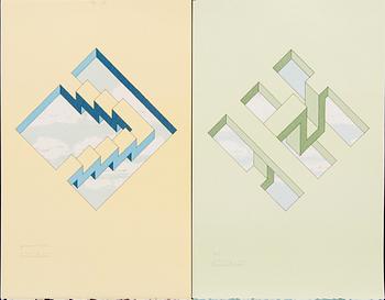 Oscar Reutersvärd, Oscar Reutersvärd, four color lithographs, signed 26/120, 38/120, HC and EA.