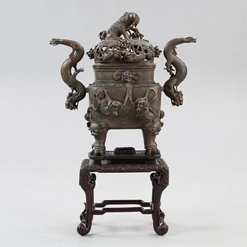 A bronz censer with Zitan stand, Qing dynasty, presumably 19th century. With character mark.