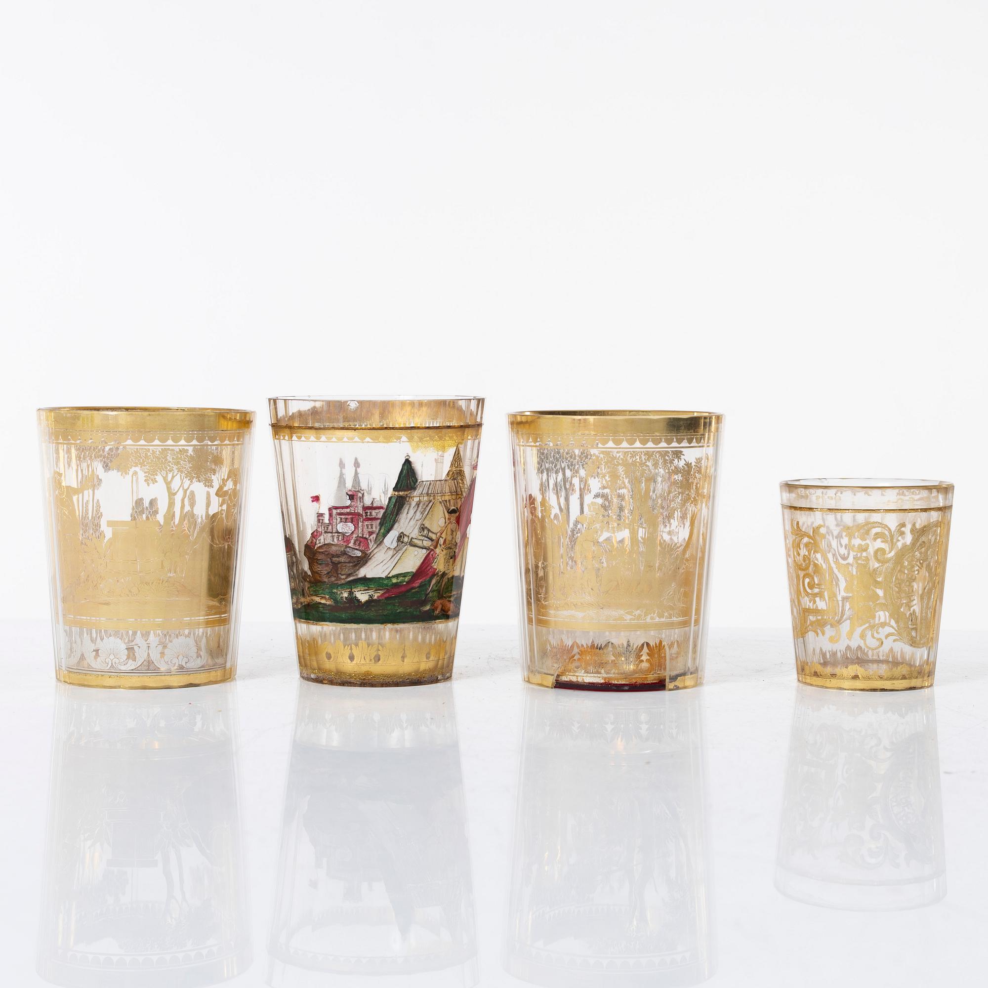 Four zwischengoldglas glasses, three of historic style from around the year 1900, one older.