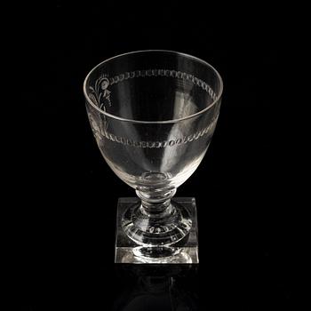 A wine glass engraved with Swedish king Carl XIII:s crowned monogram. Prob. Reimyre, prob. engraved by Ander Spolander.