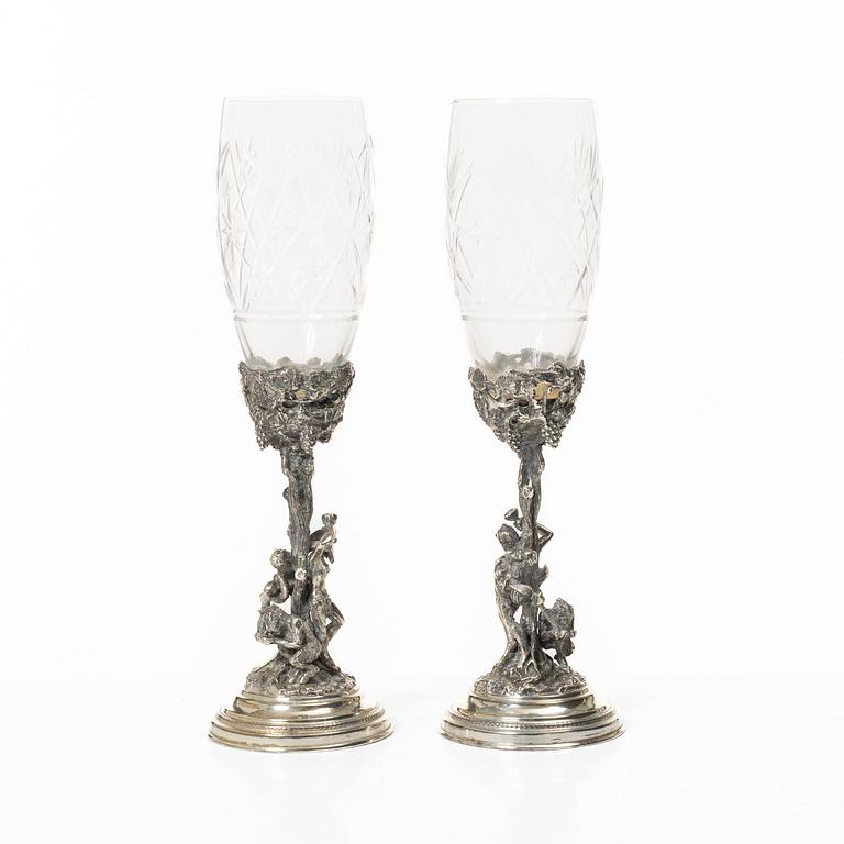 Champagne glasses, a pair, silver and glass, 20th century.