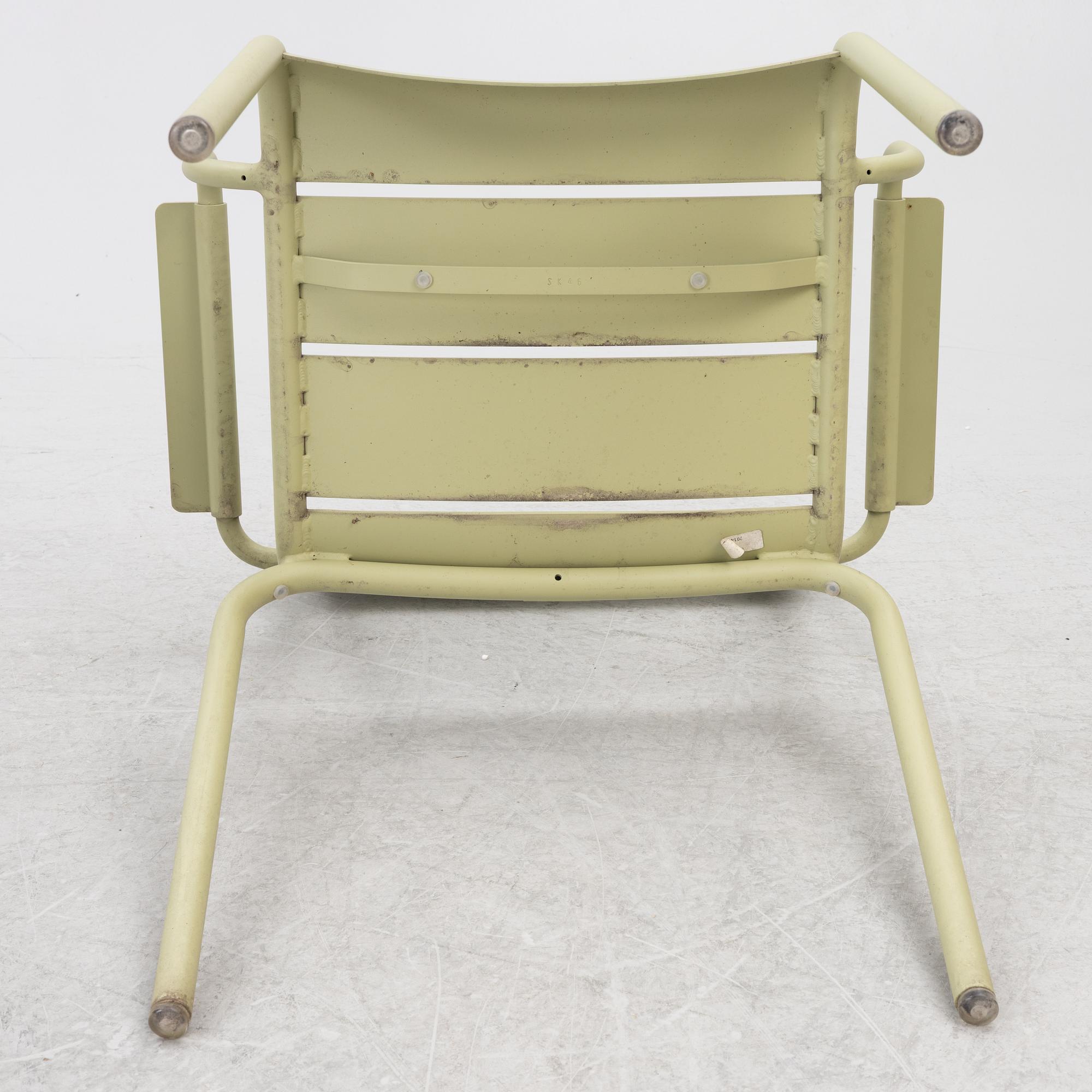 Frédéric Sofia, a table and two chairs for outdoor use, "Luxembourg" Fermob, France, 21st century.