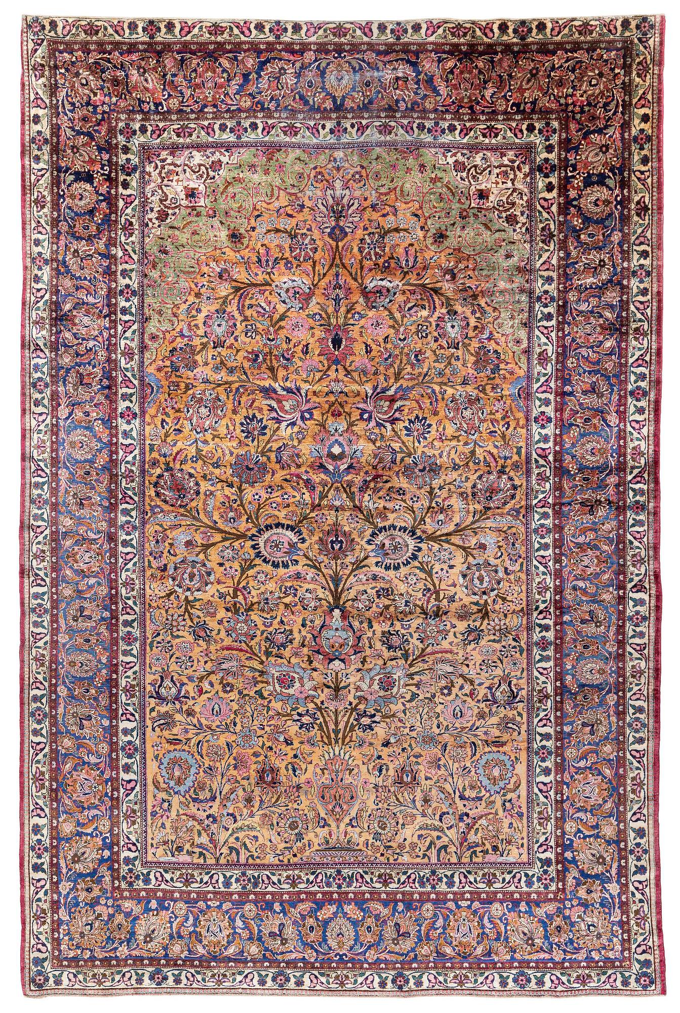An antique silk Kashan carpet, central Persia (Iran), c. 314 x 210 cm.