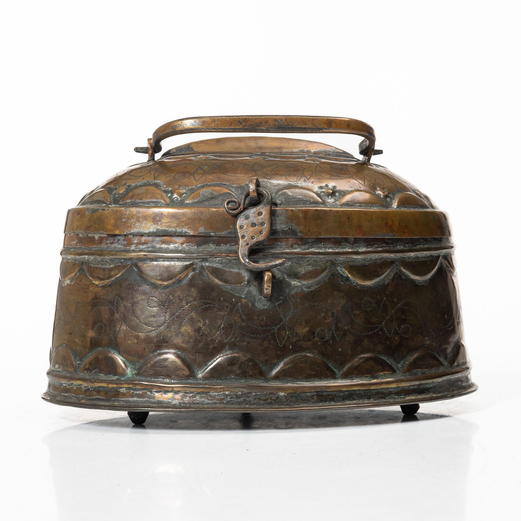 A Swedish baroque repousse copper box, 18th century.