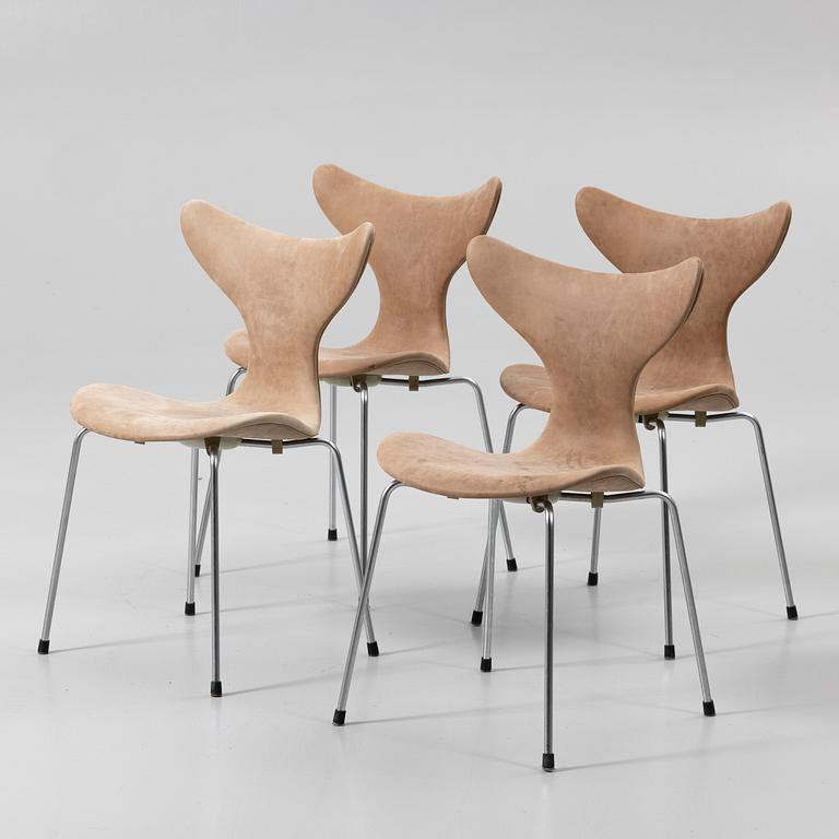Arne Jacobsen, 8 chairs, “Måsen”/“Liljan”, Fritz Hansen, Denmark.