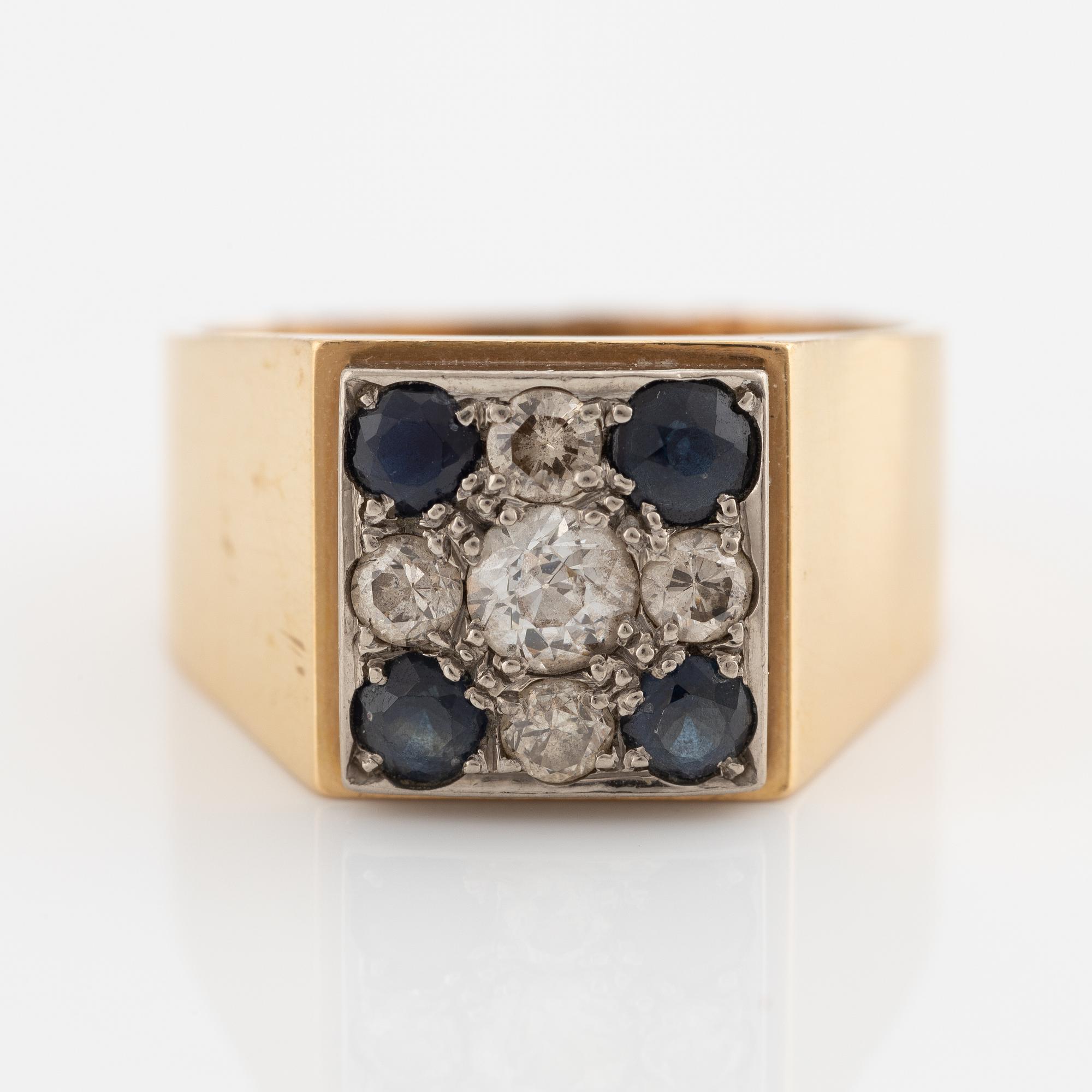 Ring, cocktail ring, Evert Lindberg. 18K gold with old-cut and brilliant-cut diamonds and sapphires.