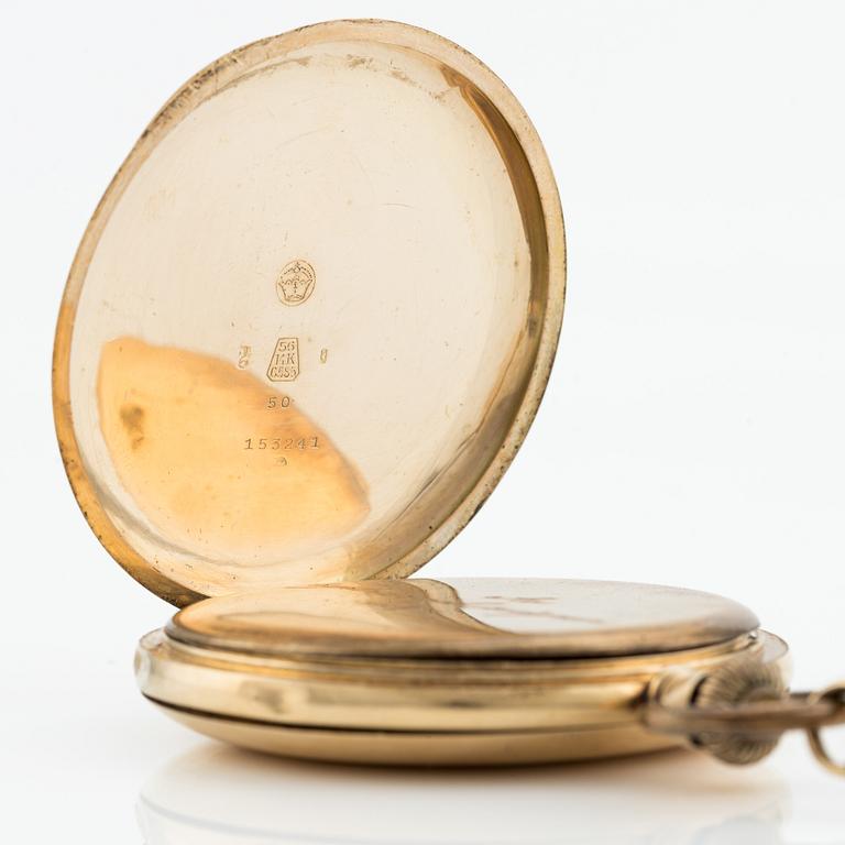 Pocket watch, 14K, "Engström Stockholm", 18K gold chain, hunter, 51.5 mm.
