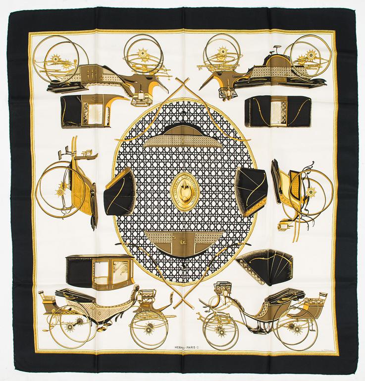 Hermès, Two silk scarves, 'Les Voitures a Transformation' and 'Les Clefs'.