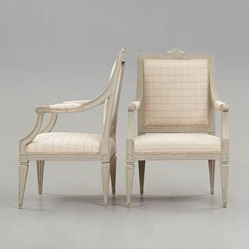 A pair of Gustavian late 18th century armchairs by Johan Erik Höglander (master in Stockholm 1777).