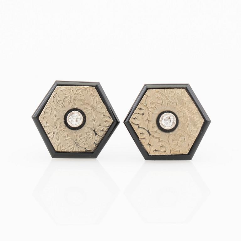 Earrings, a pair, silver and enamel with brilliant-cut diamonds.