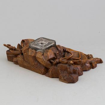 A CARVED WOOD INK STAND, dated 1859.