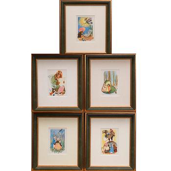 KONSTVYKORT, 5 st, efter Tove Jansson, 4 med synlig signering i trycket, Taidekorttikeskus 1940-tal.