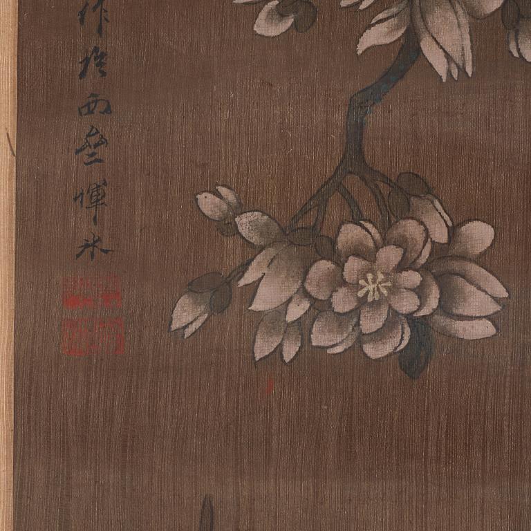 A Chinese scroll painting, ink and colour on silk laid on paper, Qing dynasty, 19th Century, after Yun Bing.