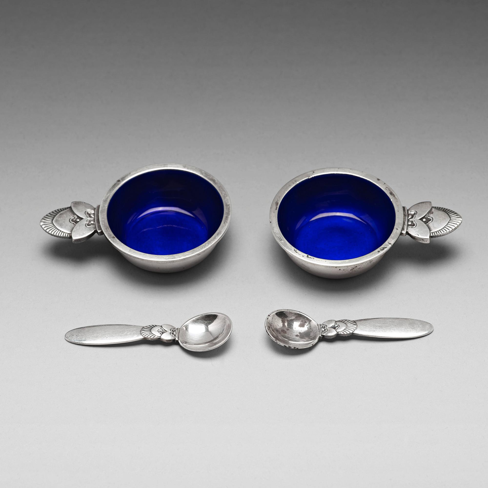 Gundorph Albertus, a pair of "Cactus" sterling silver salt cellars with spoons, Georg Jensen, Jensen & Wendel, Copenhagen 1945-51, model 30.
