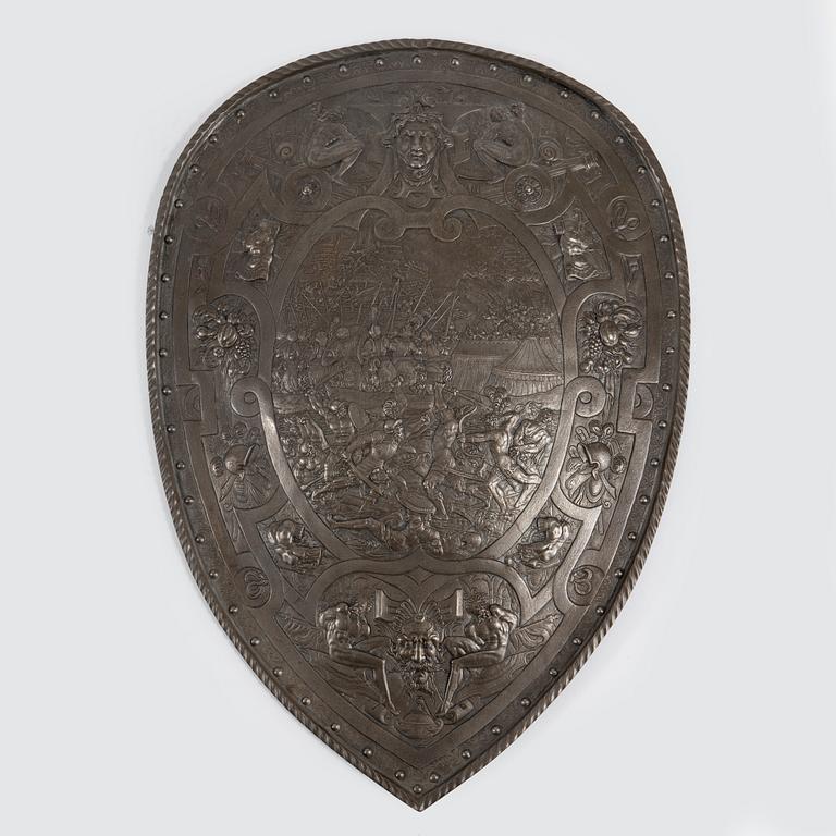 Two swords, shield  and a halberd, late 19th century.