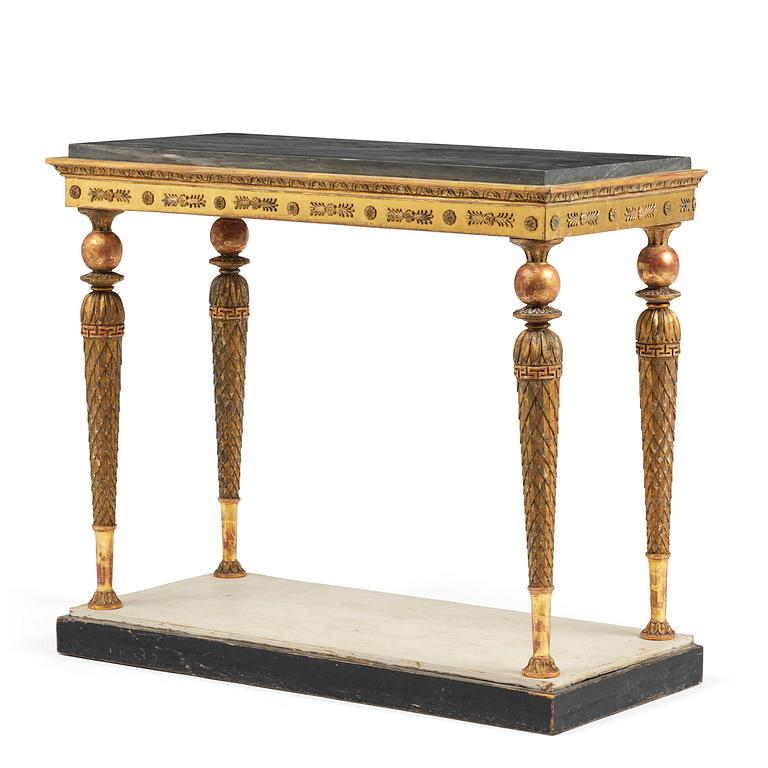 A late Gustavian giltwood console table in the manner of Jonas Frisk, Stockholm, circa 1800.