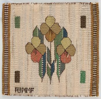 Märta Måås-Fjetterström, textiles, 2 pcs., "Blomlapp", tapestry weave, "Pingstlilja" ca 28,5 x 29,5 cm, "Pensé" ca 25,5 x 26 cm, signed AB MMF.