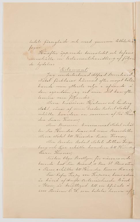 Konvolutet till Alfred Nobels testamente 1895, egenhändigt rubricerat: Testamente /My Will och signerat samt lacksigill.