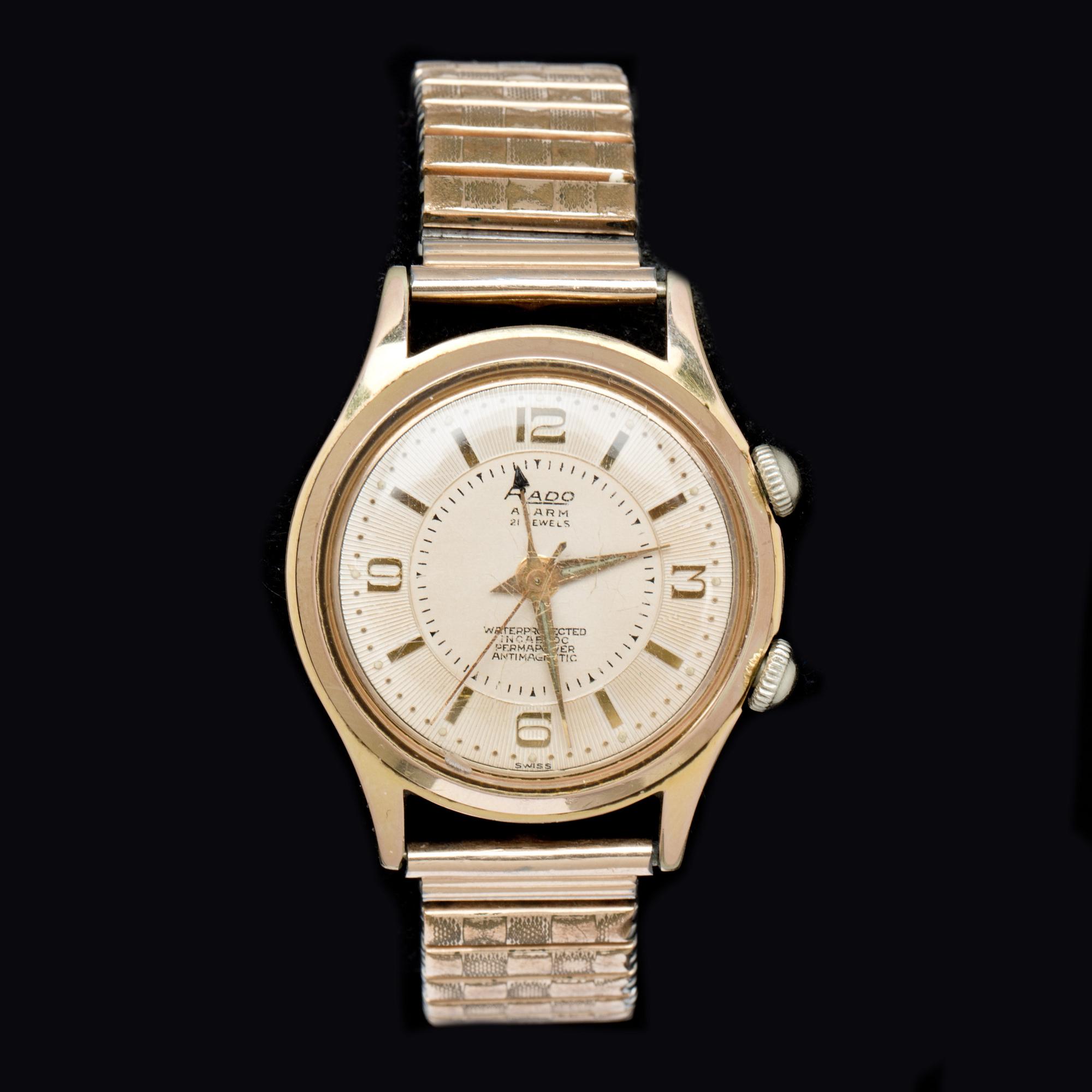 HERRARMBANDSUR, stål. Rado Alarm 1950-60 tal.