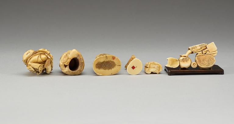 A set of six Japanese ivory and horn okimonos, Meiji period, ca 1900.