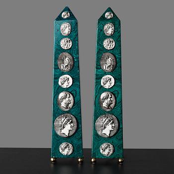 97. Piero Fornasetti, two similar obelisks / table lamps, Milano, Italy.