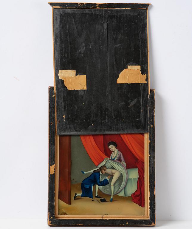 A Chinese reverse glass 'Erotic' painting, double sided, Chinese School, Qing dynasty, circa 1800.