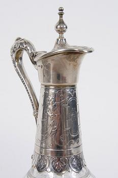 BRICKA, KARAFF samt GLAS, 4 st, silver och glas, stämplat Stockholm 1884.