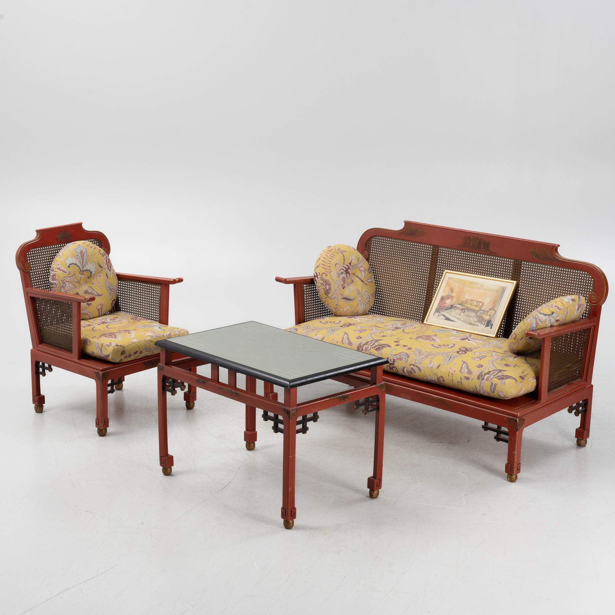 A Swedish Grace sofa, armchair and coffee table, Herbert Anderssons Möbelverkstäder, 1920's.