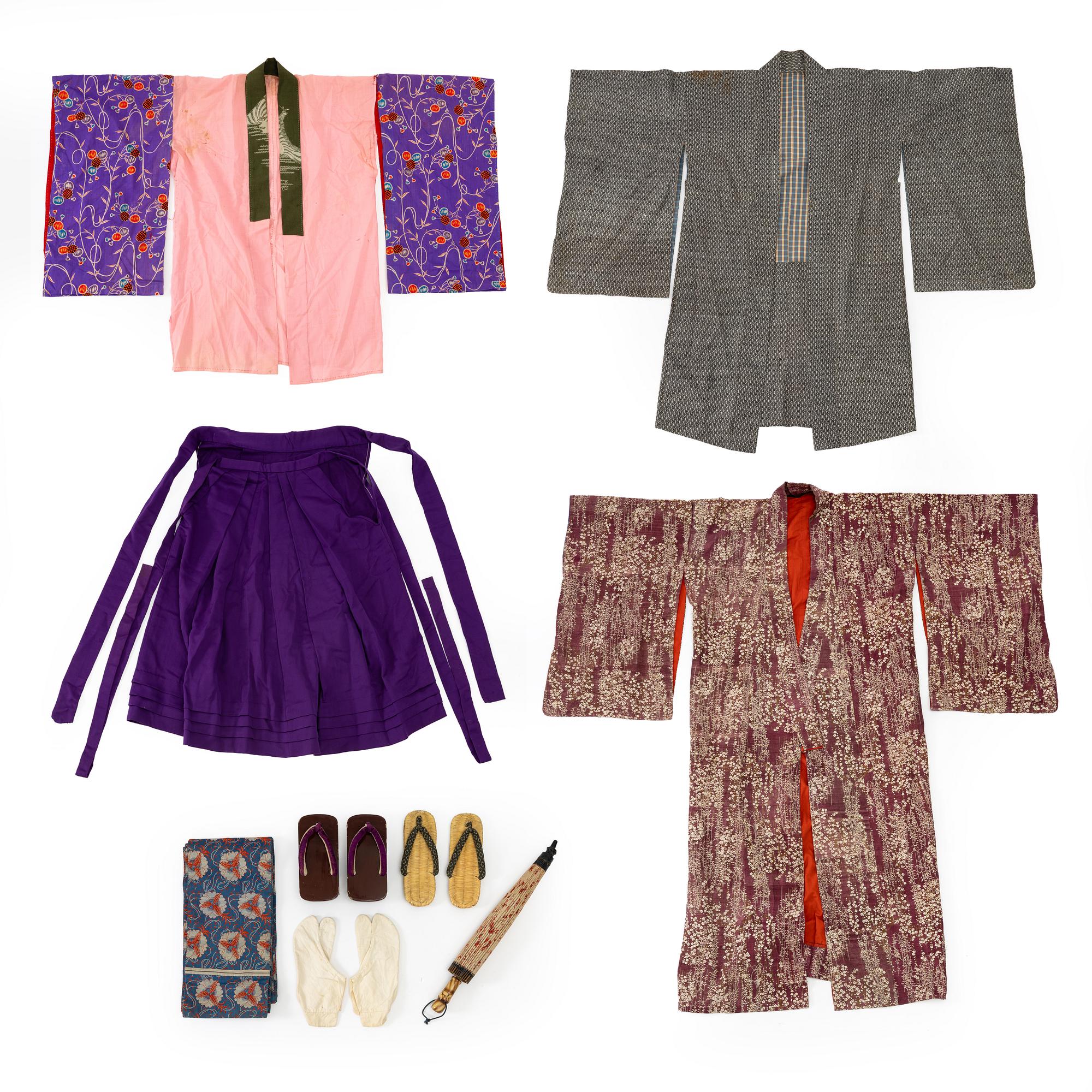 Kimono (five pieces), partially cotton, two pairs of shoes, one pair of socks, and a parasol, Japan, 20th century.